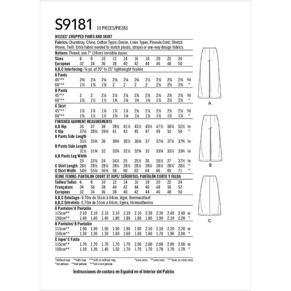 Simplicity Sewing Pattern 10750 9181 Misses Cropped Pants Skirt Size 6-14